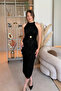Halter Neck Glittering Elegant Black Midi Dress with Gold Accessories - 5