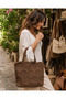 Women's Brown Knitted Tote Bag with Motif, Straw Look, Summer Hand and Shoulder Bag
