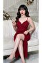 فستان سهرة أحمر ناعم بحمالات رفيعة وطيات درابيه جانبي - 5