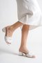 Satin Detailed Feathered Bridal Slippers with Stone Detail, White Thick Heeled Wedding, Engagement and Dowry Slippers - 2