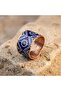 Copper Navy Blue White Badge Patterned Wide Form Adjustable Ring - 4