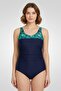Women Plus Size Padded Floral Pattern One Piece Swimsuit, Navy
