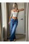Women's Dark Blue Low Waist Ripped Detailed Wide Leg Jean Trousers - 3