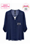 Large Size V-Neck Buttoned Stone Embroidered Capri Sleeve Pocket Thin Women's Shirt - 2
