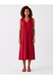 Red Pocketed V-Neck Viscose Midi Dress