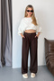 Women's Elastic Waist Double Pocket Wide Leg Pants Brown - 4057 - 4