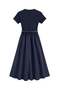 1033 Women's Stretchy Body Woven Skirt Belt Detailed Short Sleeve Maxi Dress Navy Blue - 4