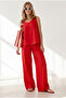 Women's Red Top V-Neck Bell Blouse Bottom Pocketed Pants Soft Textured Suit Tkm-19000413 - 4