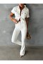 Women's Lycra Denim Set - Short Sleeve Pocket Detailed Denim Jacket and Spanish Flare Pants Two-Piece Set