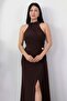 Halter Neck Draped Buckle Evening Dress Ecr5862 - 2