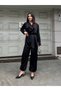 Black Shawl Detailed Satin Tie-Back Blouse and Shalwar Trousers Set - 1381 - 2