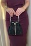 Women's Black, Stone-Embellished Handle Detailed, Glittery Evening Dress Bag - Chain Strap Hand and Shoulder Bag