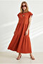 Women's Tile Sleeve Ruffled Segmented Midi Cotton Dress Elb-19002445 - 4