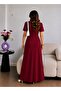 Burgundy Gold Buttoned Slit V-Neck Long Dress - 4