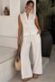 Women's Linen Set Embroidery Detailed Sleeveless Shirt Wide Leg Pants Two-Piece Summer Set - Ecru My3535 - 6