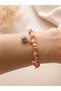 Natural Stone Orange Toned Cracked Stone Beaded Gold Color Detailed Bracelet, Evil Eye Beaded Elastic Bracelet