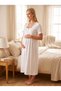 New Season Ecru Summer Nightgown with Breastfeeding Feature and Scallop Linen Detailed Design, Short Sleeves, 100% Cotton Maternity Nightgown - 7