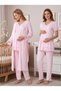 New Season Pink Long Dressing Gown with Lace Detail Special Design Short Sleeve 100% Cotton Breastfeeding Friendly Maternity Dressing Gown Pajama Set