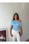 Women's Blue One-Shoulder Boat Neck Side Gathered Oysho Blouse Frv0215 - 3