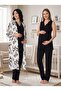 New Season Black Patterned Wide Strap Lace Detailed Summer Special Design 100% Cotton Maternity Long Dressing Gown Pajama Set - 4