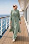 Women's Ribbed Zippered Linen Tunic Pants Green Double Set - 2