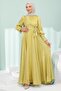 Oil Green Side Tie Sleeve Detailed Janjan Evening Dress