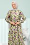 Green Half Buttoned Sleeves Elastic Skirt Layered Dress - 2