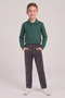 Boys' Nefti Green Long Sleeve Polo Collar T-Shirt Smoked Ribbed Waist Canvas School Pants Bottom - Top Set School Outfit