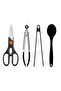 4-Piece Black Kitchen Utensil Set – Multi-Purpose Kitchen Scissors, Steel Tongs with Silicone Tips, Complete Silicone Tongs, and Silicone Spoon