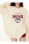 Women's Beige Vintage Printed Crew Neck Sweatshirt - 2