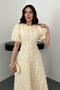 Women's Beige Midi Rose Appliqué Balloon Sleeve Round Neck Lined Event Dress - 3