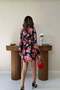 Women's Red Floral Patterned Satin Double Breasted Collar Belted Long Sleeve Mini Dress - 6