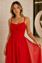 Women's Red Thin Strap Draped Gathered Tulle Detailed Long Evening Dress - 3