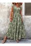 Women's Green Patterned V-Neck Short Sleeve Waist Belted Slit Bohemian Summer Maxi Long Dress - 3