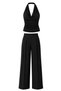 Women's Black Degaje Collar Blouse & High Waist Palazzo Pants Bottom-Top Set