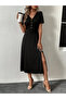 Women's short sleeve v neck front button Slit midi viscose dress - 6