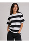 Striped Oversize T-Shirt Crew Neck Short Sleeve Summer T-Shirt - Black - 3