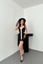 Women's Black Ecru Strappy V-Neck Button Detailed Color Block Midi Dress with Ornamental Pockets