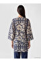 Blue Shawl Collar Patterned Women's Kimono with Belted Waist - 4