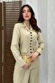 Women's Beige Jacket and Pants Set, Jacket with Lapel Buttons, Wide Leg, Woven - 3