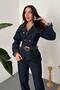 Women's Navy Blue Denim Jumpsuit Shirt Collar Belted Buttoned Long Sleeve Straight Leg - 3