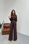 Women's Brown Jumpsuit Bat Sleeve Waist Gathered Belt Accessory Wide Leg Long
