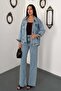 Women's Snow Washed Top and Bottom Set Jeans Jacket Pants Set Buttoned Pocketed Wide Leg Denim - 2