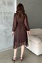 Women's Brown Shimmering V-Neck Long Balloon Sleeve Asymmetrical Midi Dress with Elastic Waist - 5
