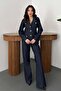 Women's Blue Jacket Pants Set with Gold Buttons Wide Leg Denim with Pockets - 2