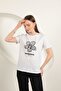 Women's White Crew Neck Bow Printed Short Sleeve Single Jersey T-Shirt - 3