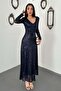 Women's Navy Blue V-Neck Long Sleeve Backless Sequined Midi Dress