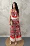 Women's Beige Top and Bottom Set with Ethnic Pattern, Straps, Square Collar, Contrast Waist Detail, Palazzo