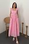 Women's Pink Brode Embroidered Square Neck Ruffle Sleeve Belted Midi Dress - 2