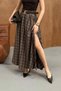 Women's Brown Maxi Skirt Plaid High Waist Belted Look Slit Woven - 5